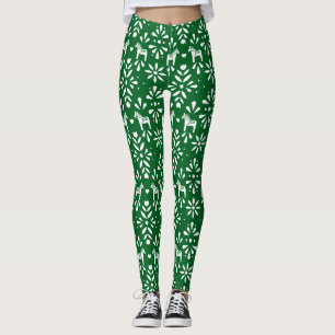 Green and White Dala Horse Folk Art Pattern Leggings