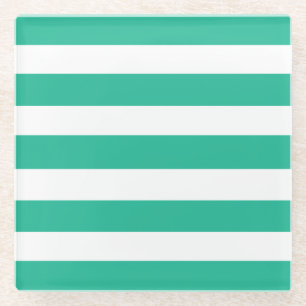 Green and White Deckchair Stripes Glass Coaster