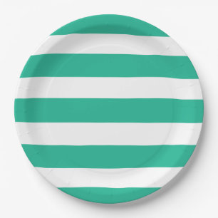 Green and White Deckchair Stripes Paper Plate