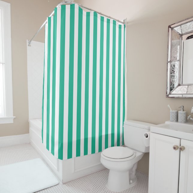 Green and White Deckchair Stripes Shower Curtain (In Situ)