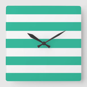 Green and White Deckchair Stripes Square Wall Clock