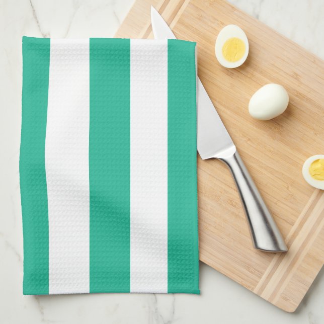 Green and White Deckchair Stripes Tea Towel (Quarter Fold)