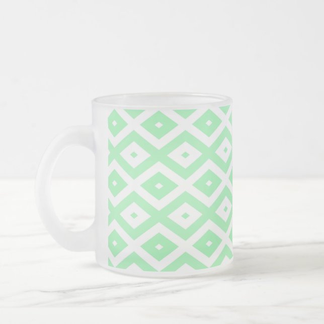 Green and white diamond pattern frosted glass coffee mug (Left)