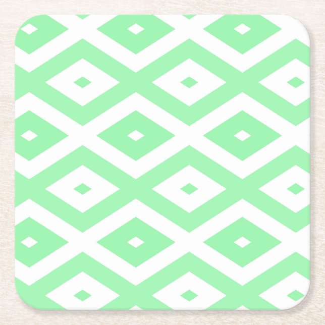 Green and white diamond pattern square paper coaster (Front)