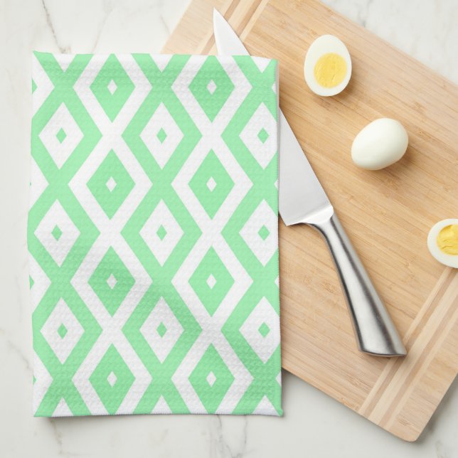 Green and white diamond pattern tea towel (Quarter Fold)