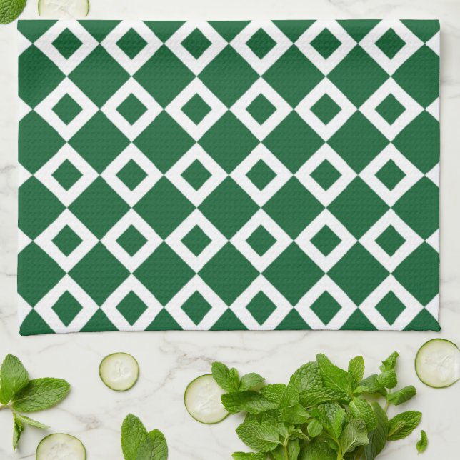 Green and White Diamond Pattern Tea Towel (Folded)