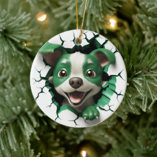 Green and White Dog Peeking Ceramic Tree Decoration