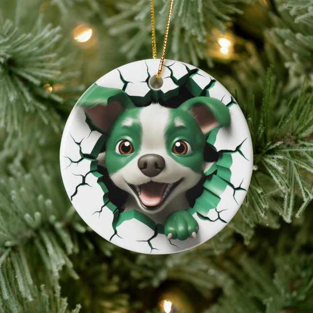  Green and White Dog Peeking Ceramic Tree Decoration (Tree)