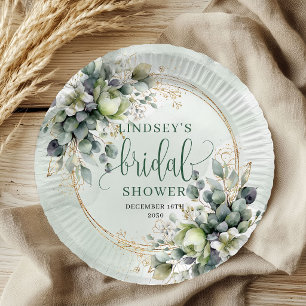 Green And White Eucalyptus Bridal Shower Paper Plate