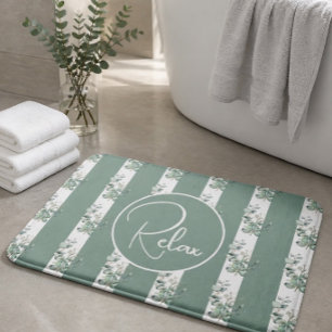 Green and White Eucalyptus Leaf Relax Bath Mat