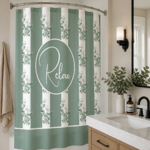 Green and White Eucalyptus Leaf Relax Shower Curtain
