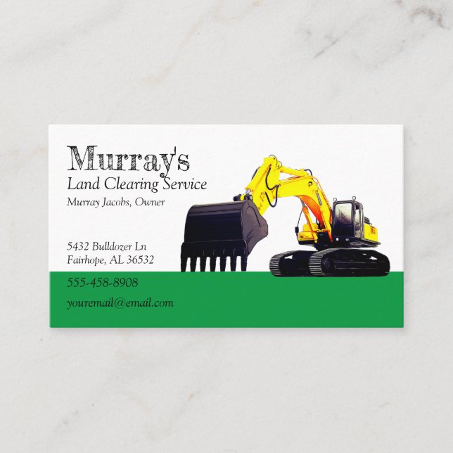 Green and White Excavator Land Clearing Business Card (Front)