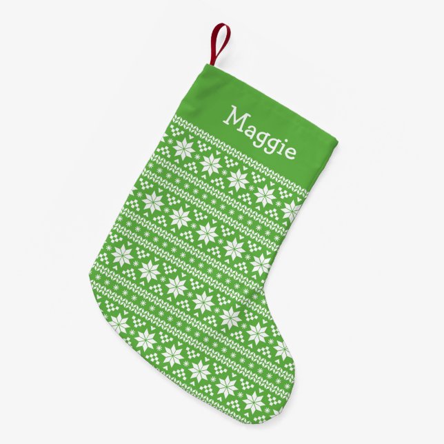 Green and White Fair Isle Monogram Small Christmas Stocking (Front (Hanging))