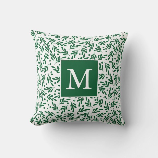 Green and White Festive Foliage | Holiday Monogram Cushion (Front)