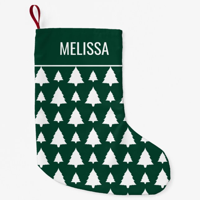 Green And White Fir Christmas Tree Pattern & Name Small Christmas Stocking (Front)