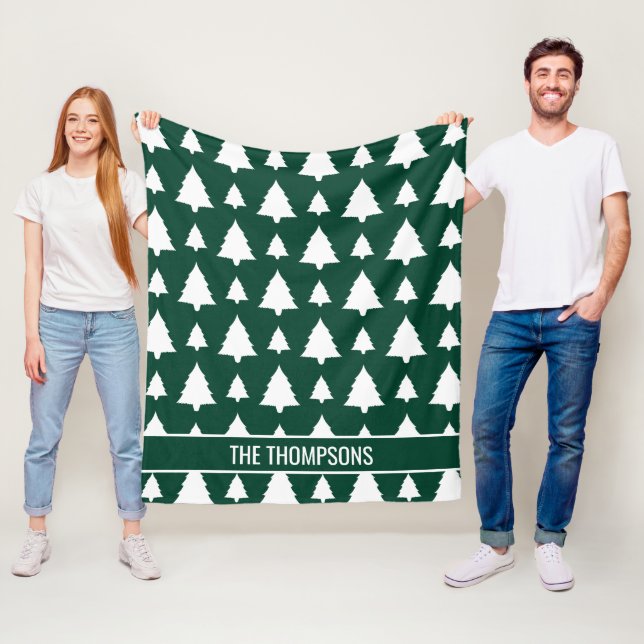 Green And White Fir Christmas Tree Pattern & Text Fleece Blanket (In Situ)
