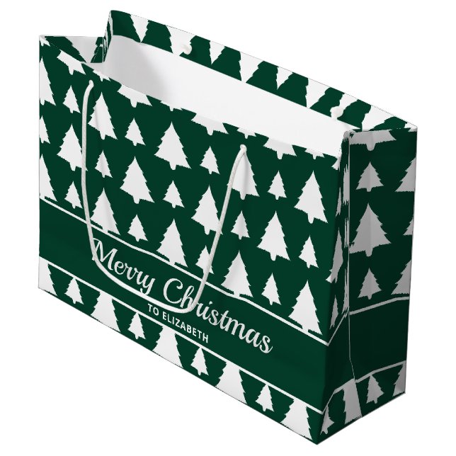 Green And White Fir Christmas Tree Pattern & Text Large Gift Bag (Front Angled)