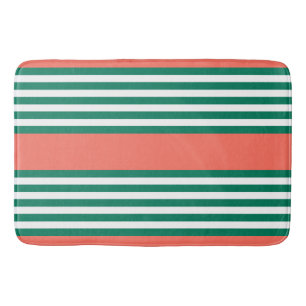 Green and white five stripe pattern with coral bath mat