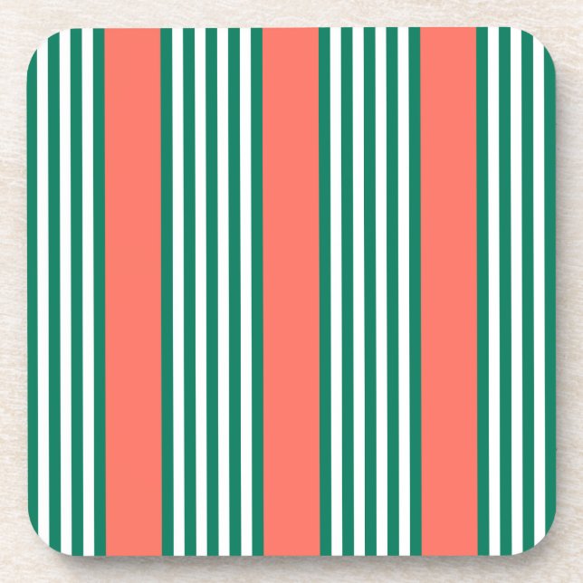 Green and white five stripe pattern with coral coaster (Front)