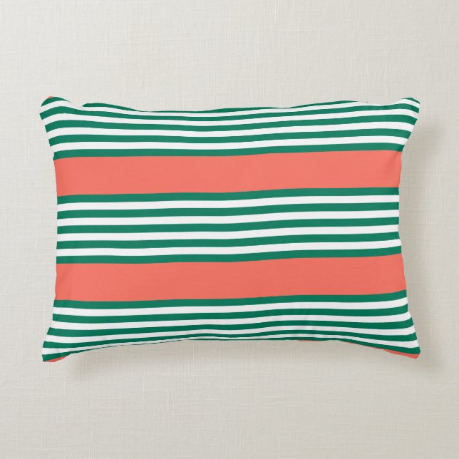 Green and white five stripe pattern with coral decorative cushion (Front)