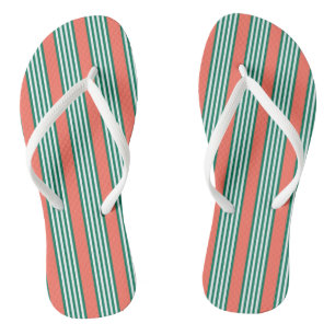 Green and white five stripe pattern with coral flip flops