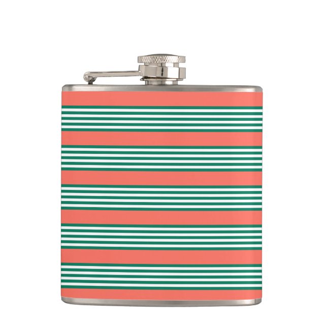 Green and white five stripe pattern with coral hip flask (Front)