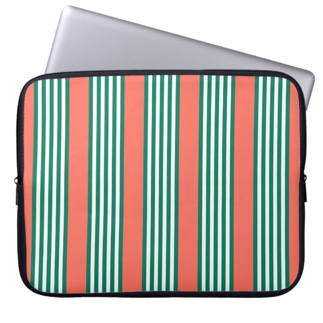 Green and white five stripe pattern with coral laptop sleeve (Front)