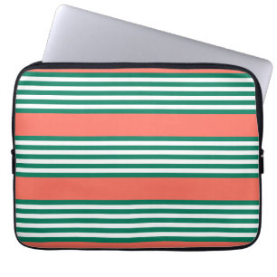Green and white five stripe pattern with coral laptop sleeve