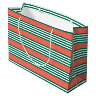 Green and white five stripe pattern with coral large gift bag