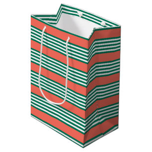 Green and white five stripe pattern with coral medium gift bag