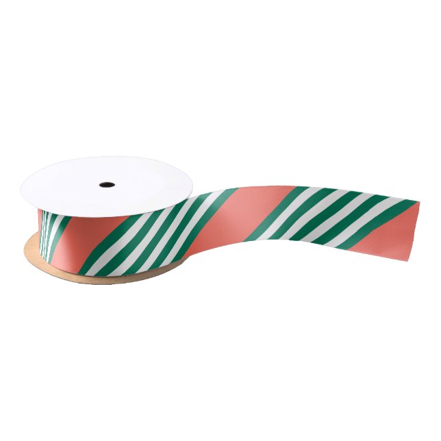 Green and white five stripe pattern with coral satin ribbon (Spool)