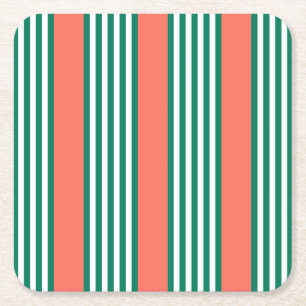 Green and white five stripe pattern with coral square paper coaster