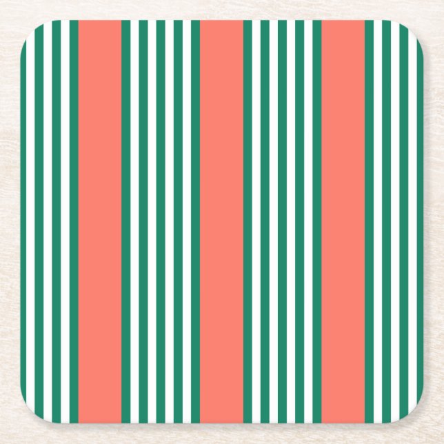 Green and white five stripe pattern with coral square paper coaster (Front)