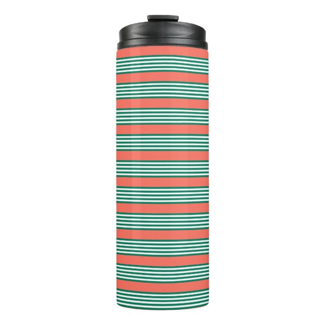Green and white five stripe pattern with coral thermal tumbler (Front)