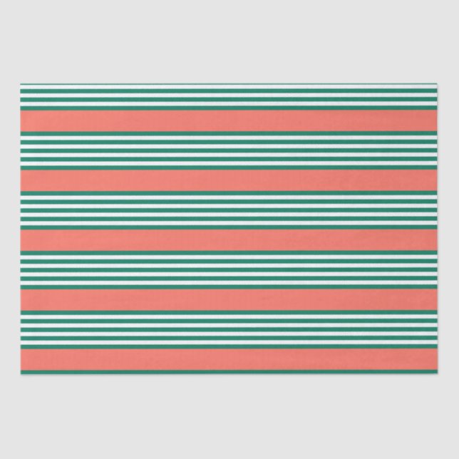 Green and white five stripe pattern with coral tissue paper (Front)