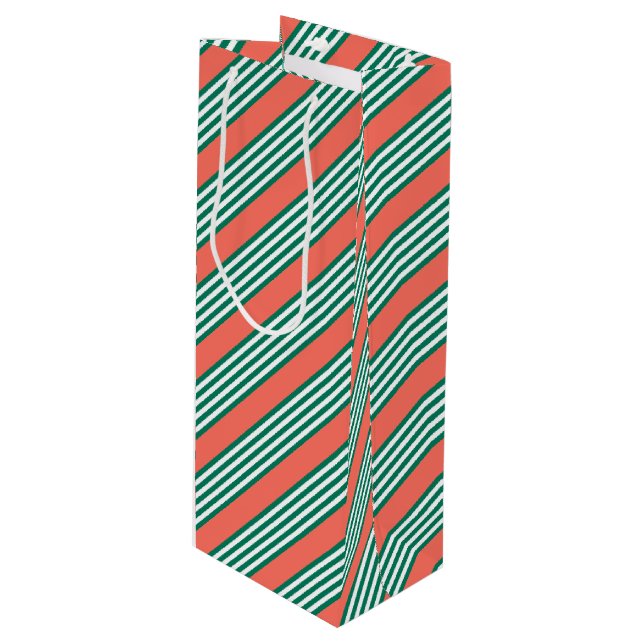 Green and white five stripe pattern with coral wine gift bag (Front Angled)