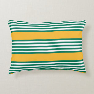 Green and white five stripe pattern with yellow decorative cushion
