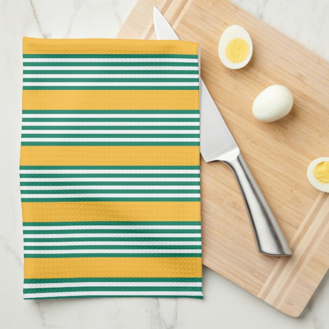 Green and white five stripe pattern with yellow tea towel (Quarter Fold)