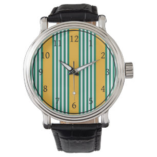 Green and white five stripe pattern with yellow watch