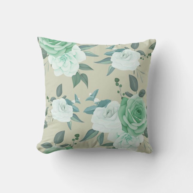 Green and white Floral  Cushion (Front)
