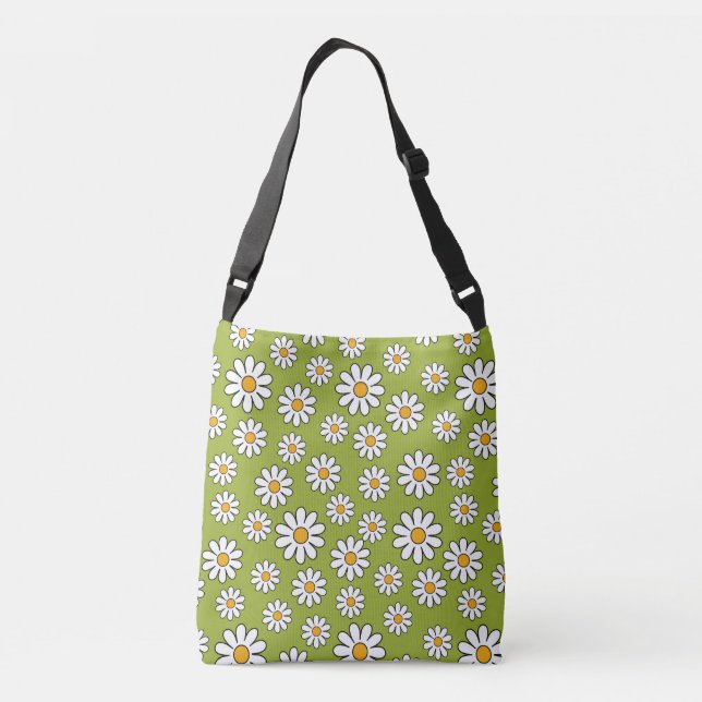 Green and White Floral Daisy Pattern Crossbody Bag (Back)