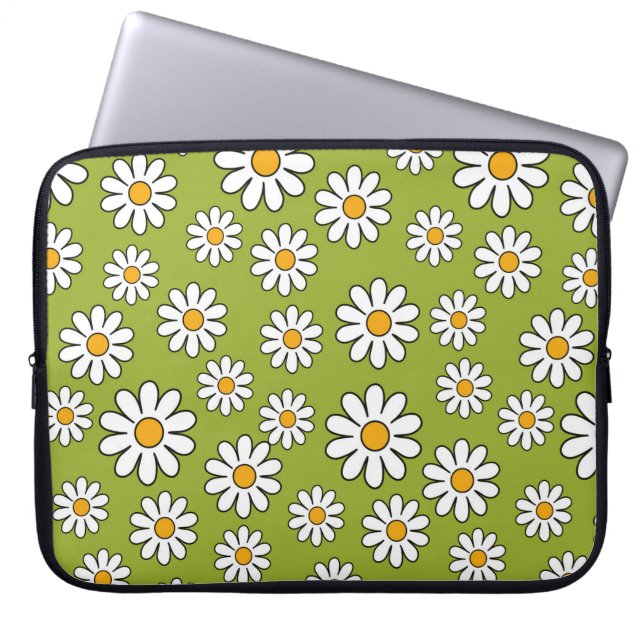 Green and White Floral Daisy Pattern Laptop Sleeve (Front)