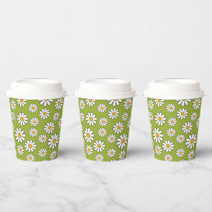 Green and White Floral Daisy Pattern Paper Cups