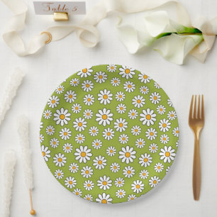 Green and White Floral Daisy Pattern Paper Plate