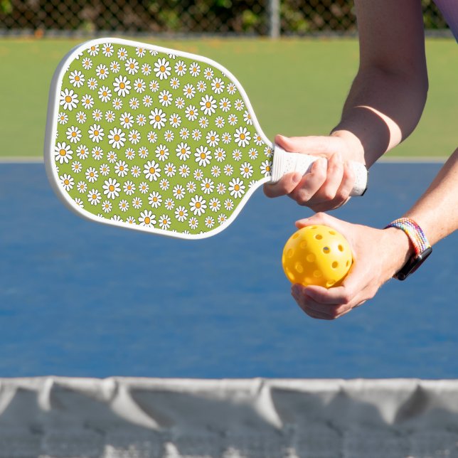 Green and White Floral Daisy Pattern Pickleball Paddle (Insitu)