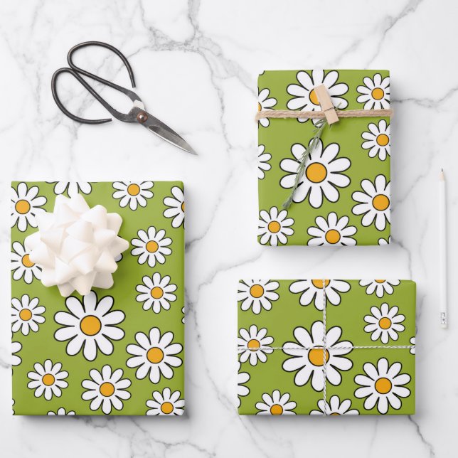 Green and White Floral Daisy Pattern Wrapping Paper Sheet (Front)