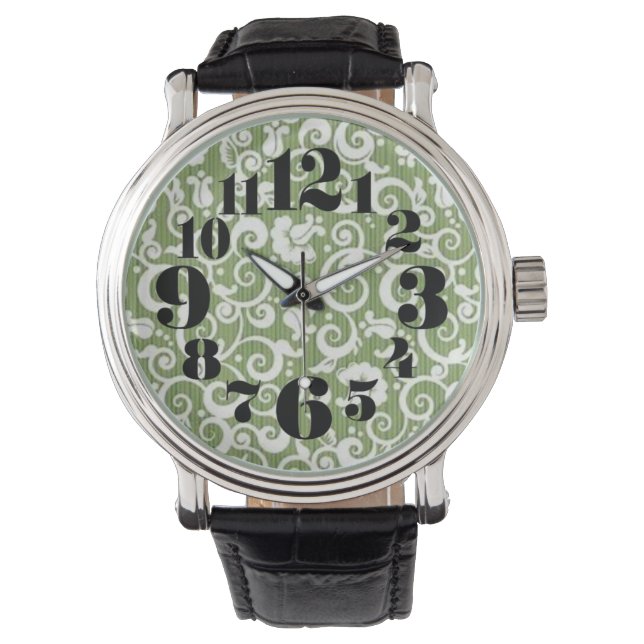 Green and White Floral Flourish Watch (Front)