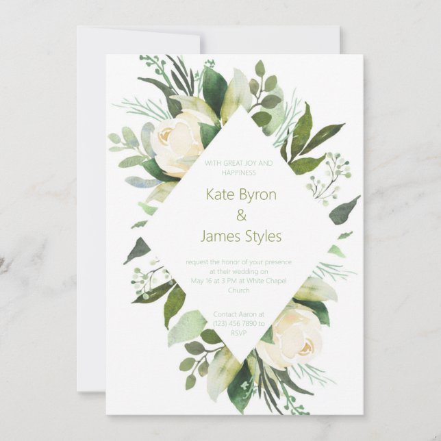 Green and White Floral Frame Wedding Invitations (Front)