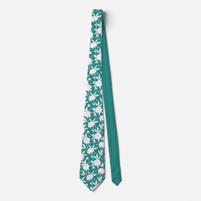 Green and White Floral Pattern Groomsmen Wedding  Tie (Front)
