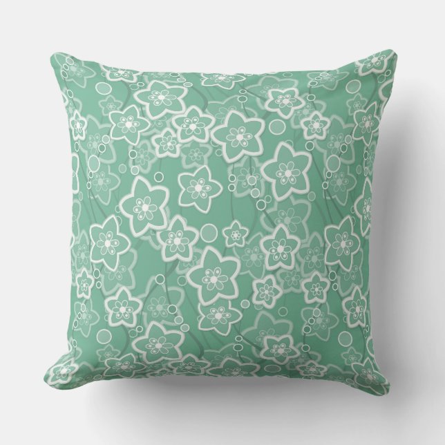 green and white floral pattern retro sixties cushion (Front)